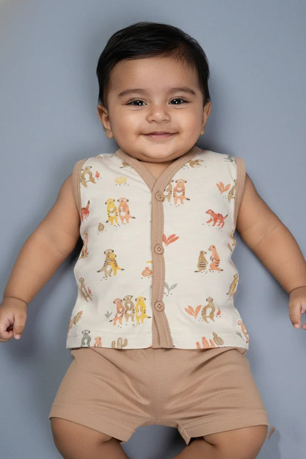 Fyst Premium Cotton Knit Solid Vest & Shorts Set for Boys – Beige