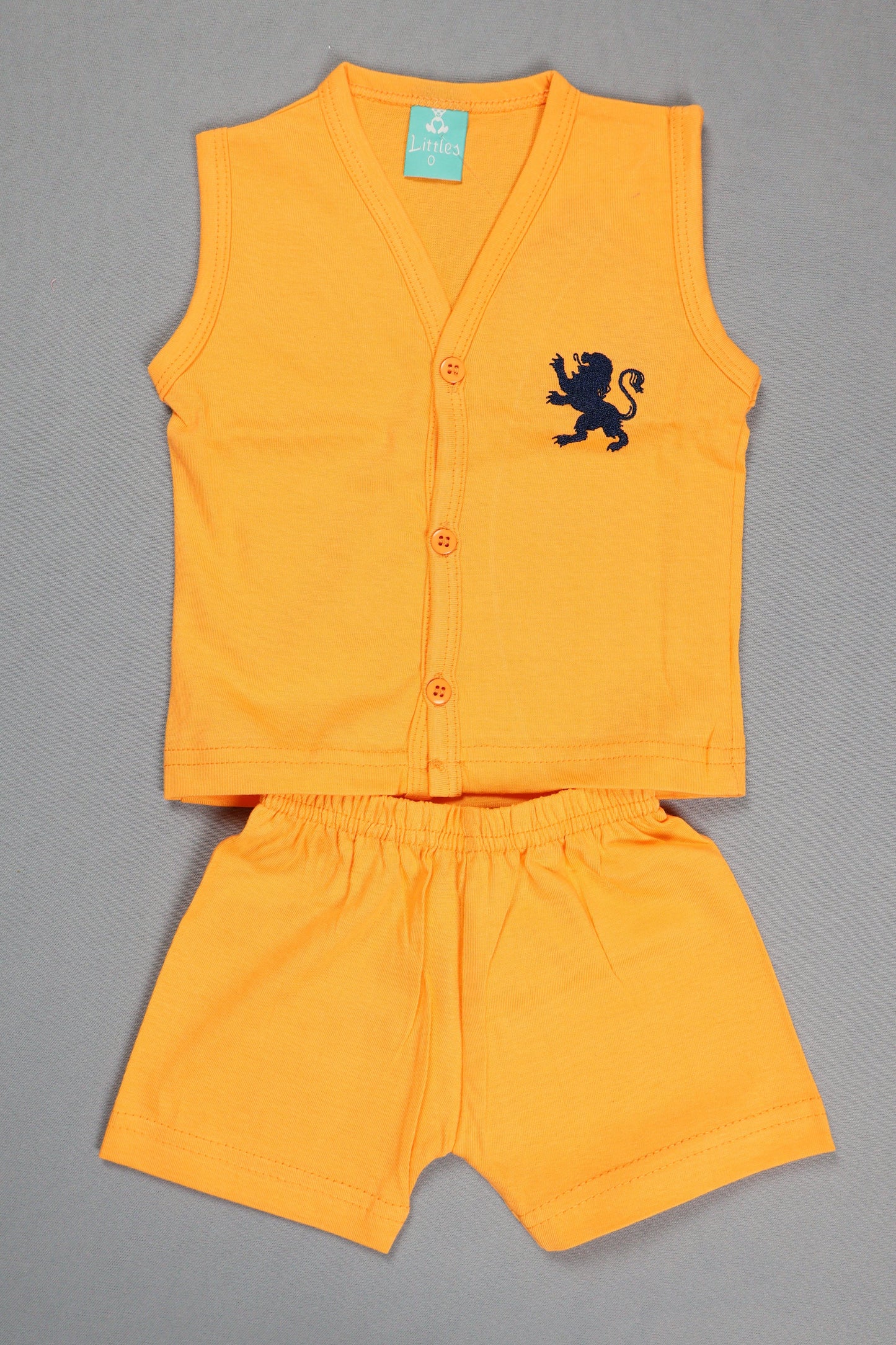Orange sleeveless shirt with a logo on a gray background