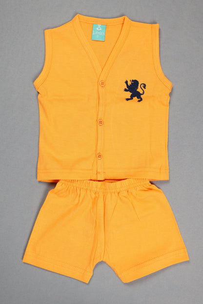 Orange sleeveless shirt with a logo on a gray background