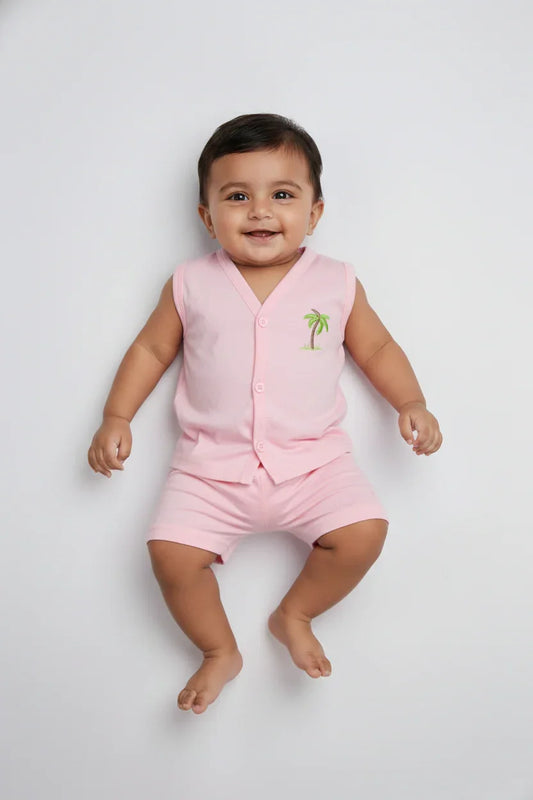 Baby in pink cotton knit sleeveless vest and shorts set with palm tree embroidery