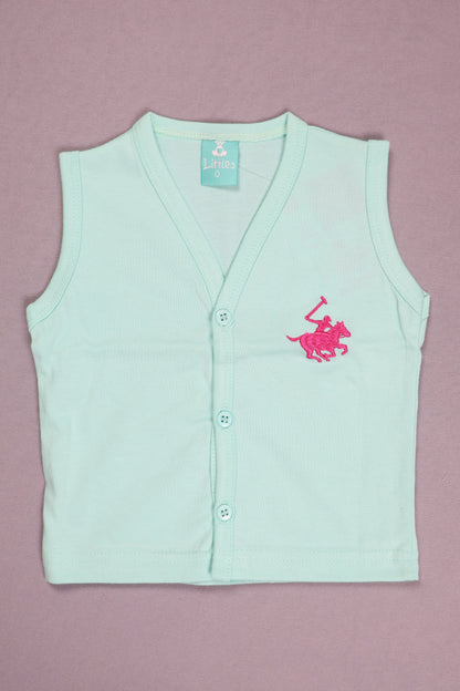 Light blue sleeveless shirt with pink logo on a pink background