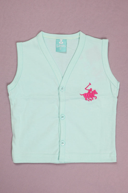Light blue sleeveless shirt with pink logo on a pink background