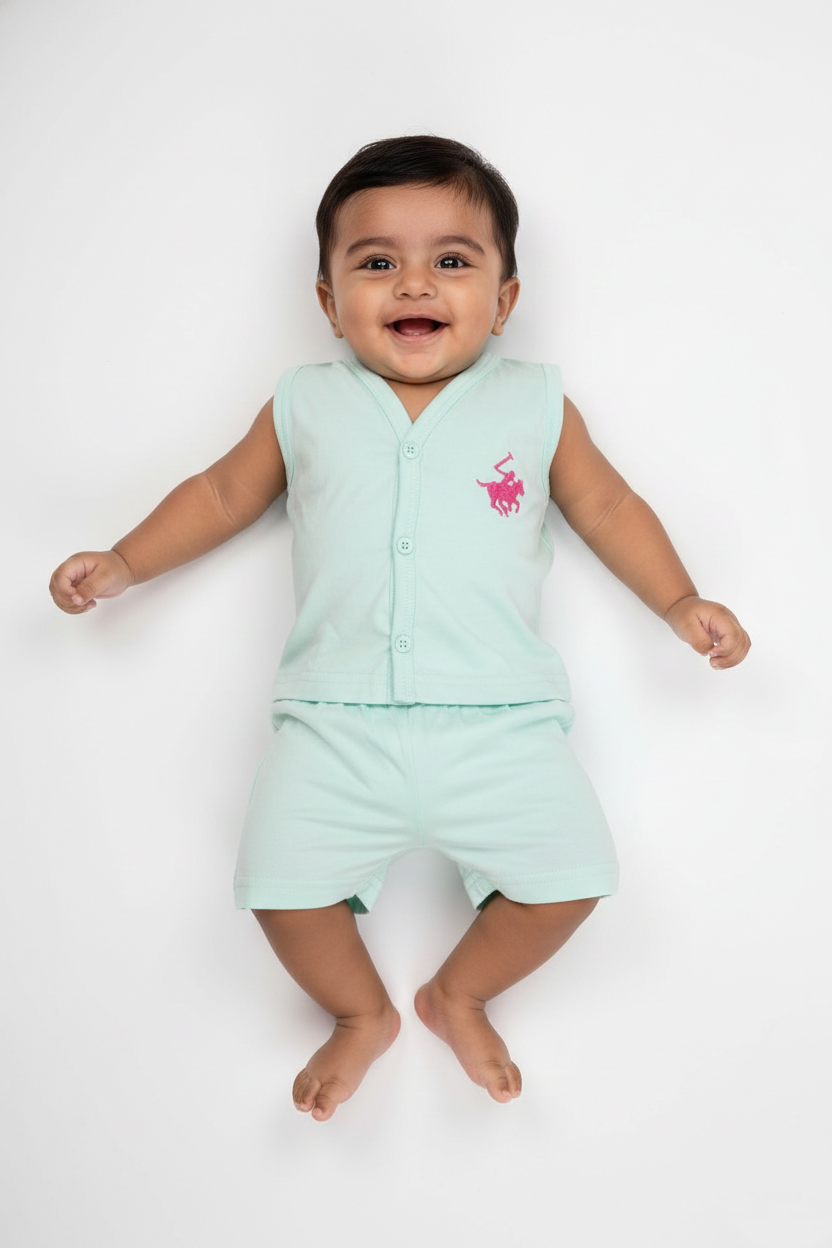 Smiling baby wearing sea green cotton knit vest and shorts set, sleeveless, on white background