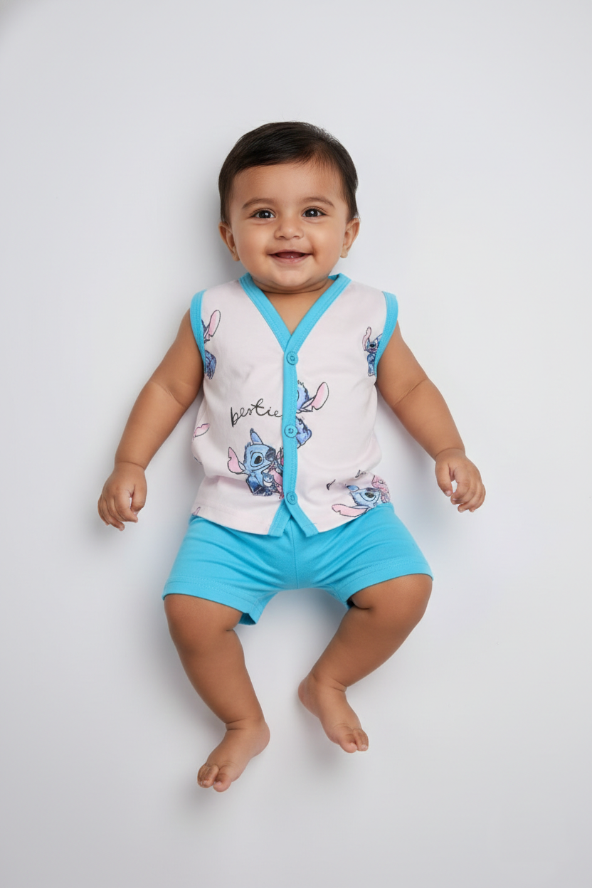 Smiling baby in white printed cotton vest and blue shorts on white background