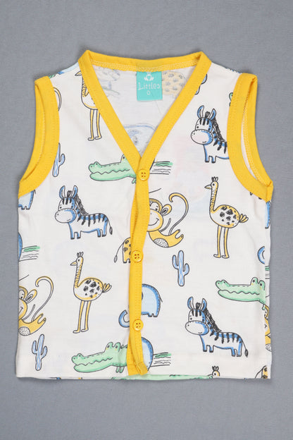 Baby onesie with colorful animal pattern on a gray background