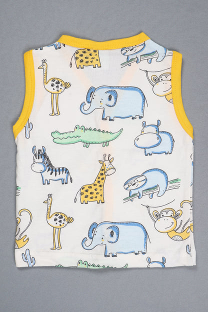 Baby romper with animal pattern on a gray background