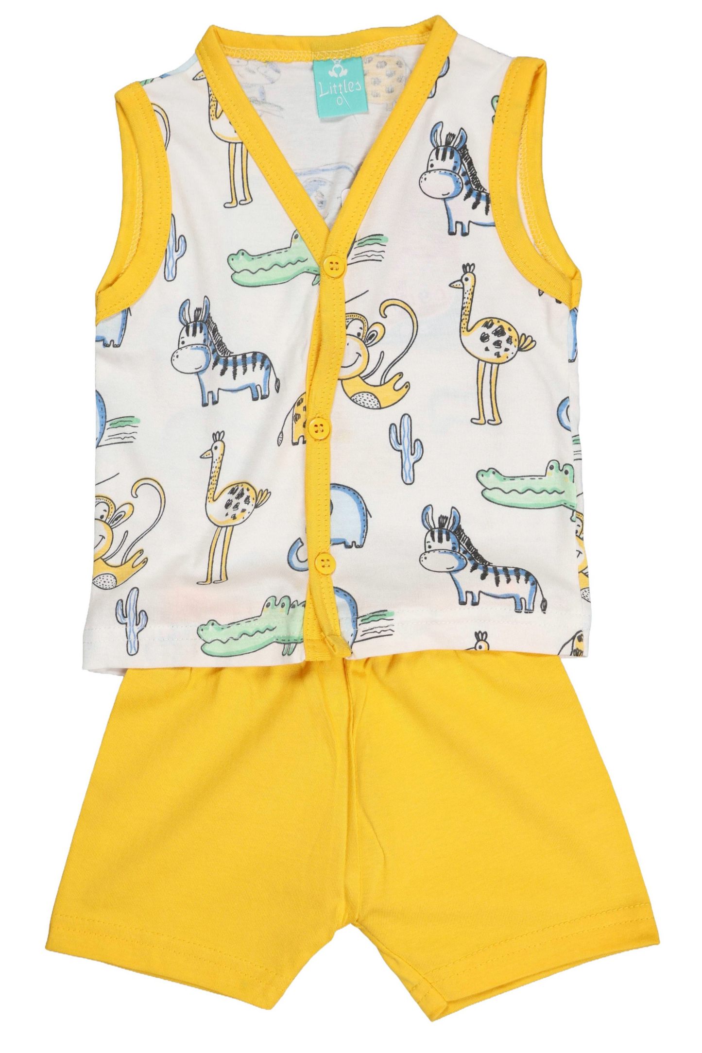 Children's outfit with a patterned vest and yellow shorts on a white background