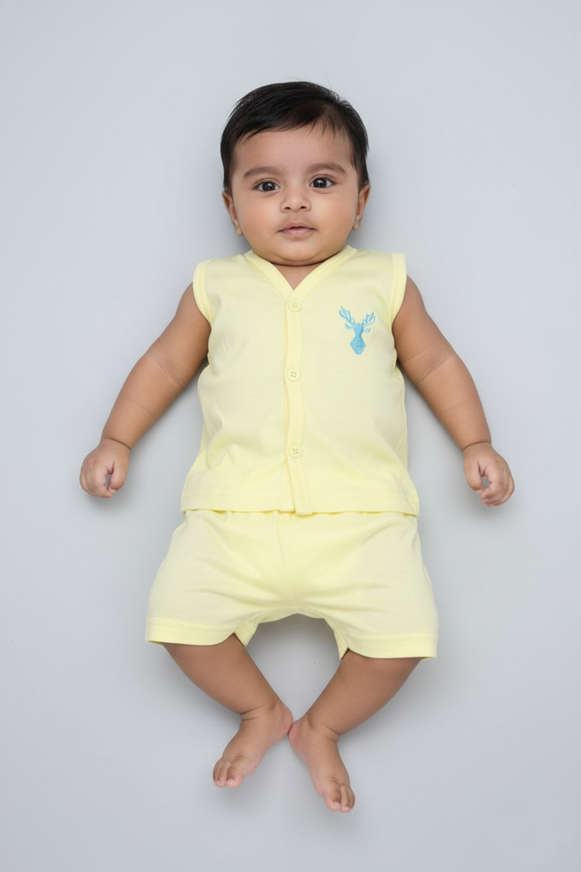 Baby wearing yellow cotton knit vest and shorts set, sleeveless, with blue deer embroidery.