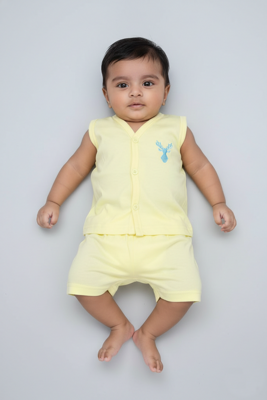Baby wearing yellow cotton knit vest and shorts set, sleeveless, with blue deer embroidery.