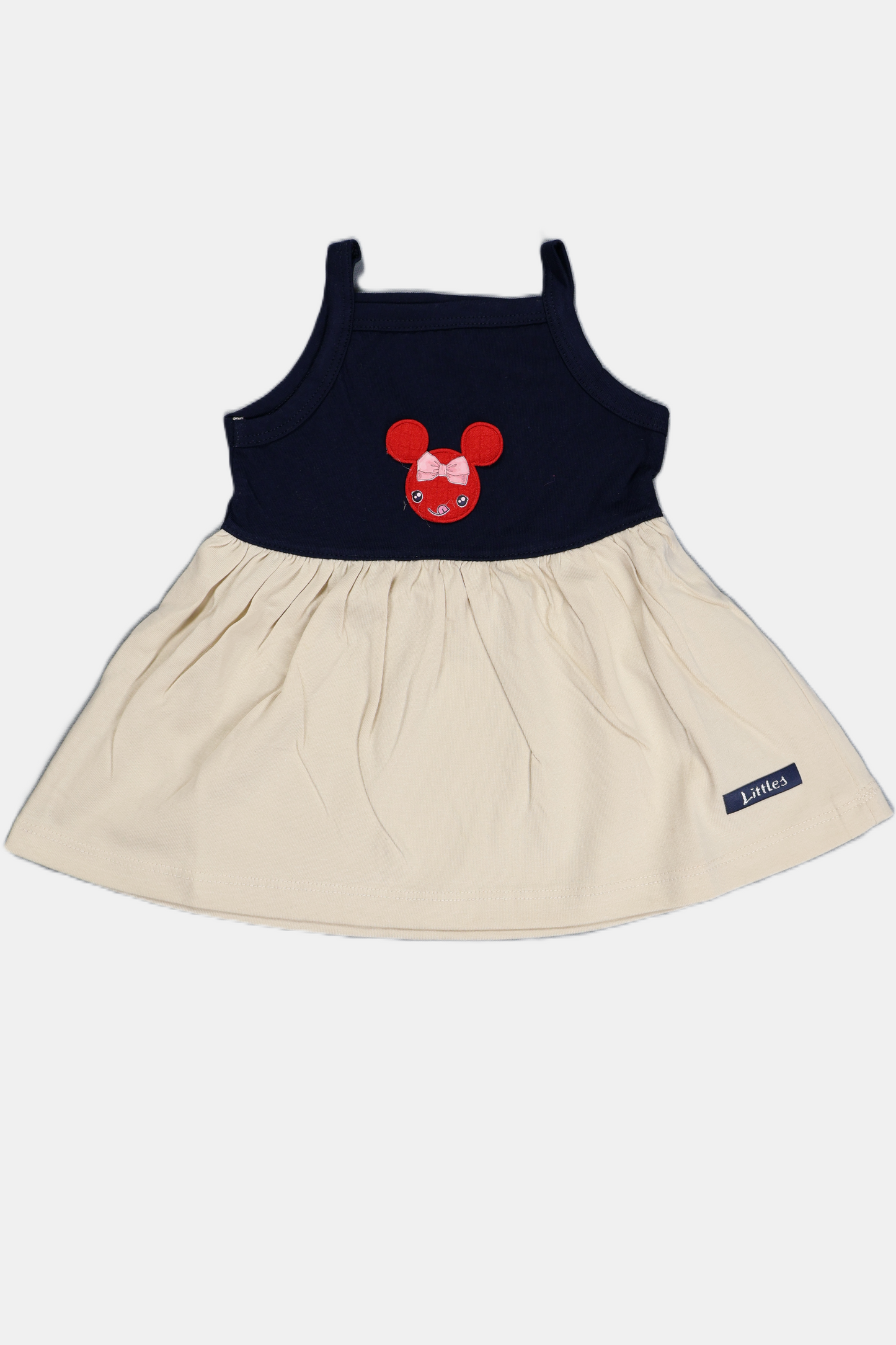 "A professional product showcase of the Fyst infant girls' character pinafore dress featuring a timeless navy blue and cream color-block design. The primary image displays a soft cotton dress with a navy blue sleeveless bodice adorned with a centered, embroidered Minnie Mouse graphic. The dress features a gathered waist that flows into a flared cream-colored skirt, providing a comfortable and airy silhouette for infants. Detailed thumbnails provide a comprehensive view, including the clean back profile and 
