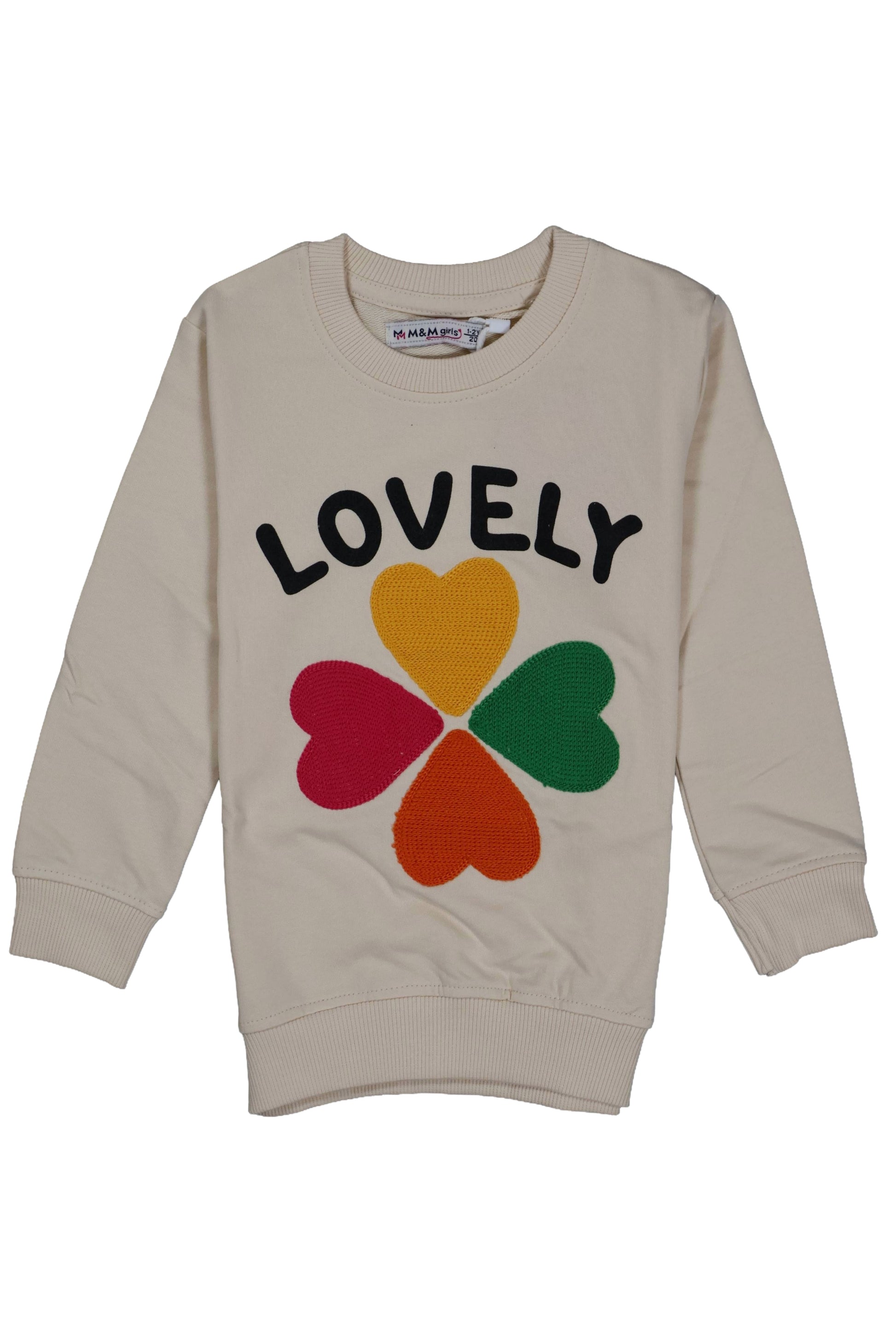 Cream-colored long-sleeve kids sweatshirt with the word ‘LOVELY’ printed on the front above four colorful heart shapes arranged like a flower (yellow, red, green, and orange), on a plain gray background