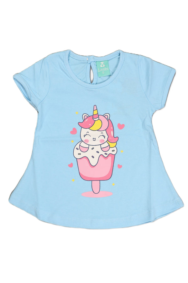 Fyst Premium Cotton Knit Unicorn Pop Graphic Frock for Baby Girls – Sky Blue