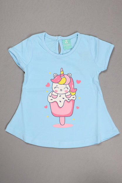 Light blue pet shirt with a unicorn ice cream design on a gray background