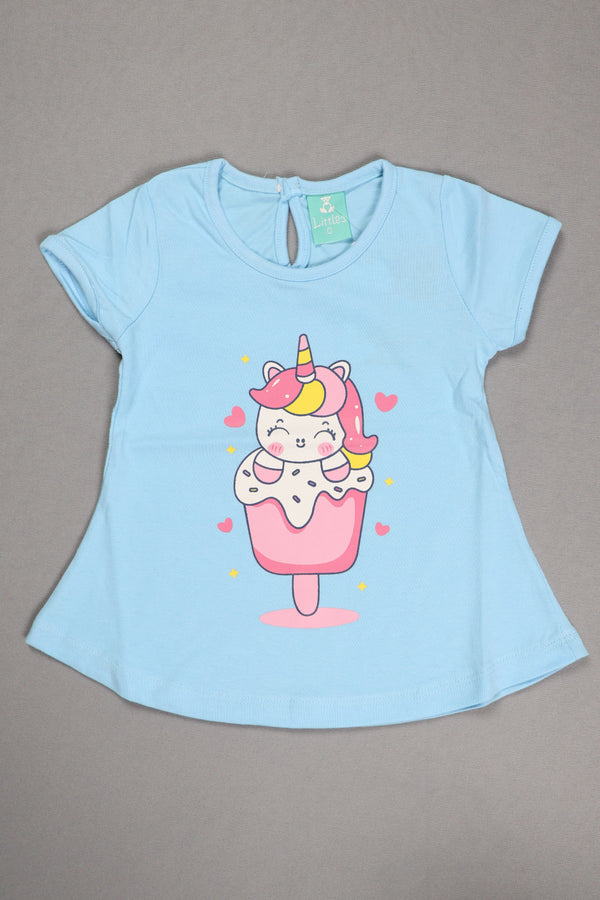 Fyst Premium Cotton Knit Unicorn Pop Graphic Frock for Baby Girls – Sky Blue