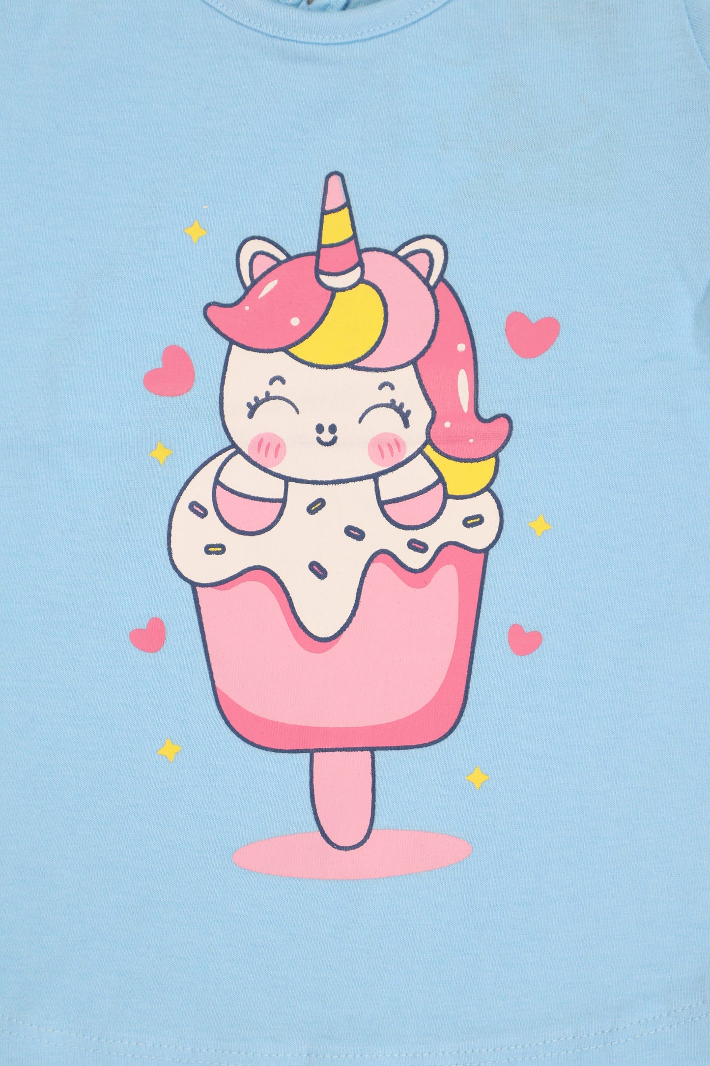 Cartoon unicorn with pink horn and ears on a blue background