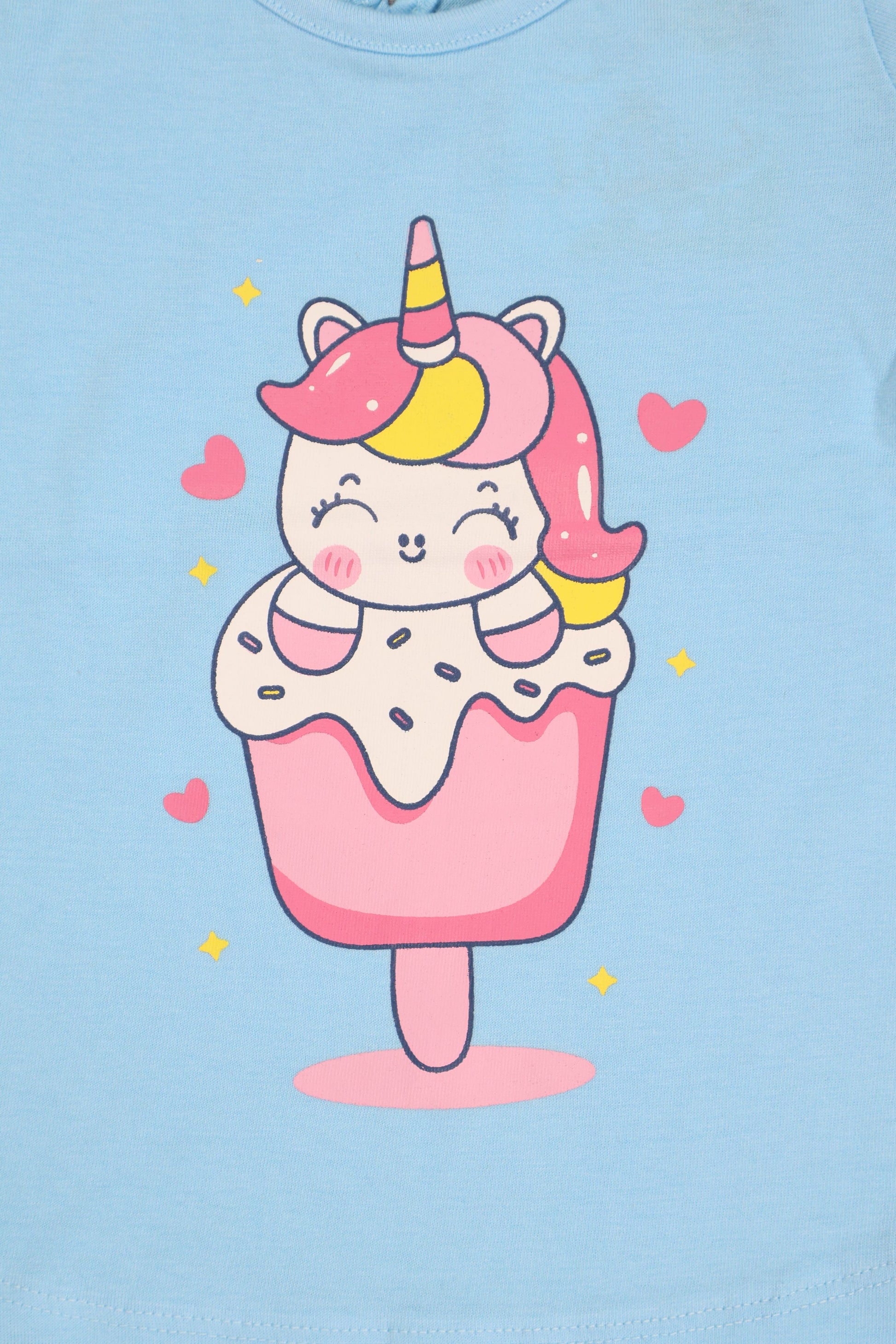 Cartoon unicorn with pink horn and ears on a blue background