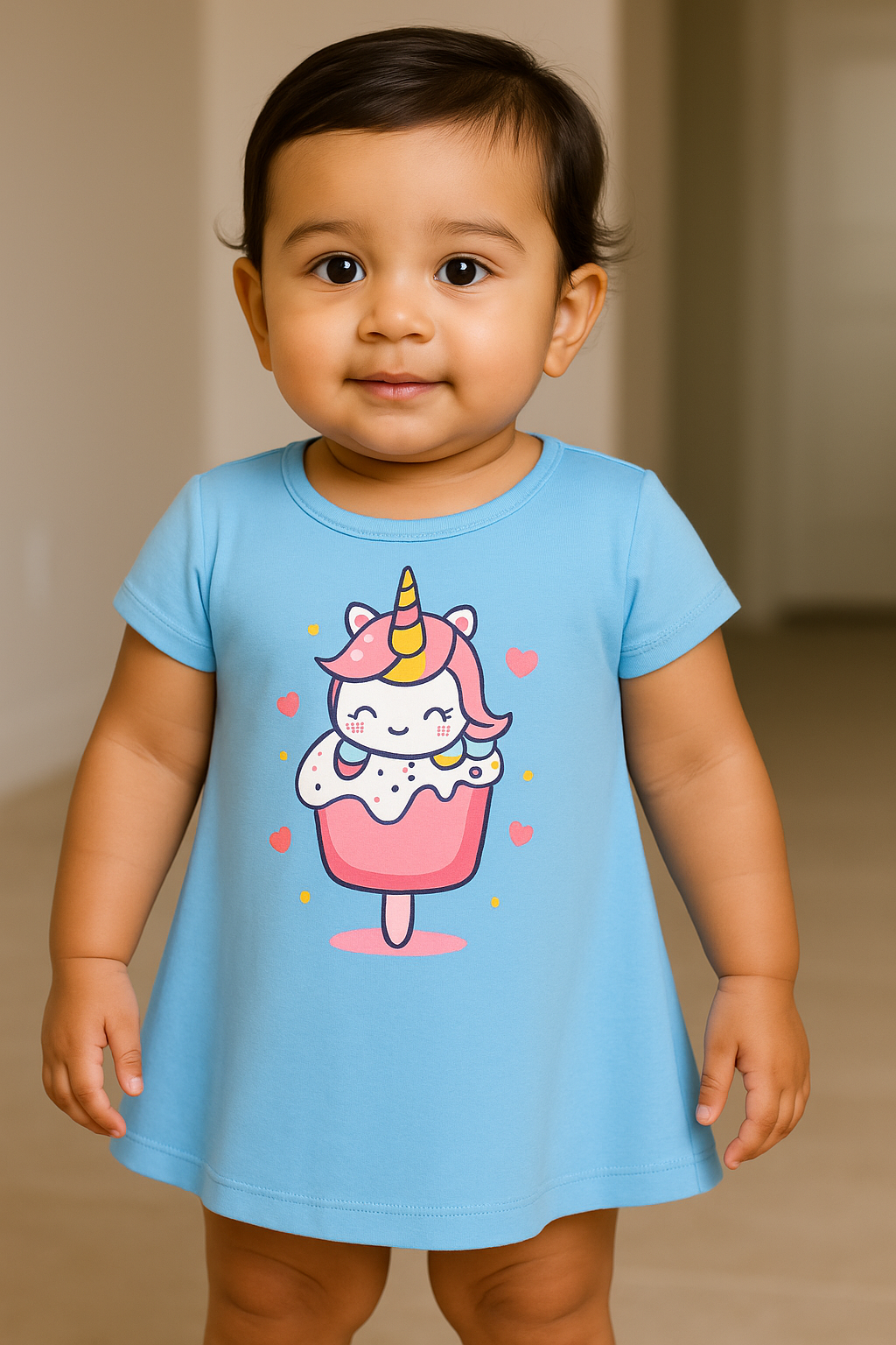 Child wearing a blue dress with a pink and white unicorn design on a plain background