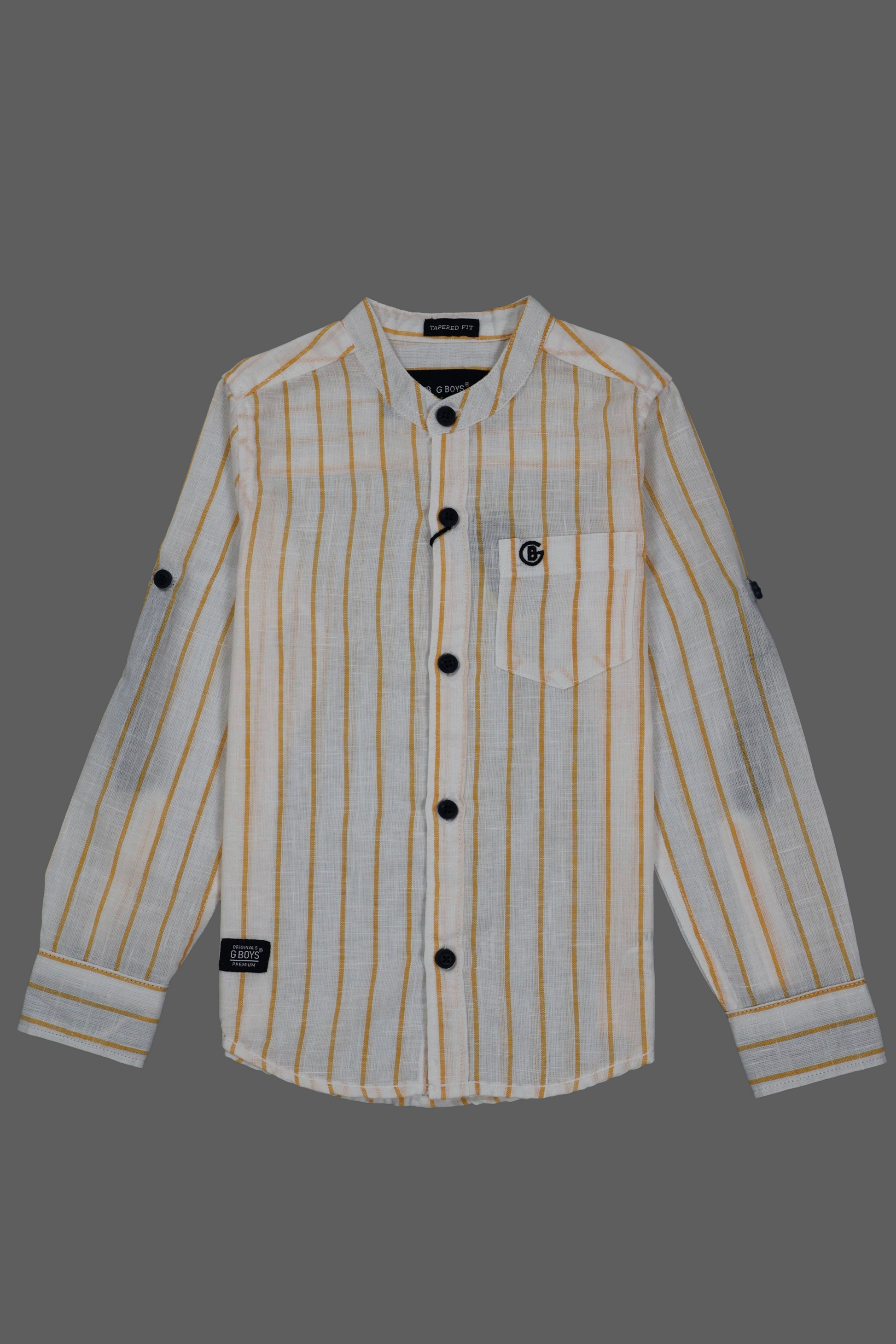 A single children's full-sleeve shirt with a vibrant yellow and white vertical stripe pattern from Fyst Fashion. The shirt features a modern mandarin collar, a single chest pocket, and dark contrast buttons. The sleeves are equipped with roll-up tabs, and the garment is displayed as a flat lay against a dark grey background.