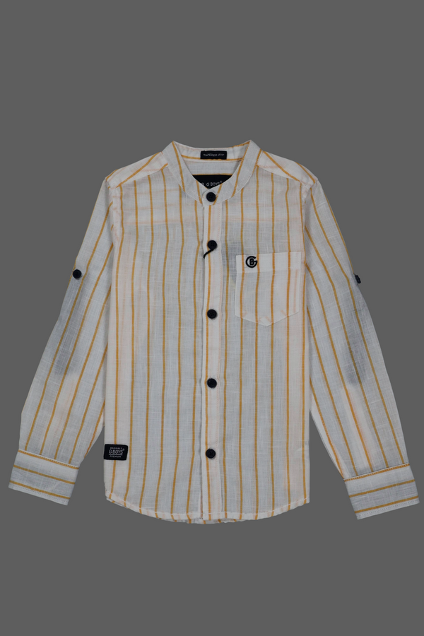 Fyst Premium Cotton Mandarin Collar Vertical Stripe Shirt for Boys - White & Mustard Yellow