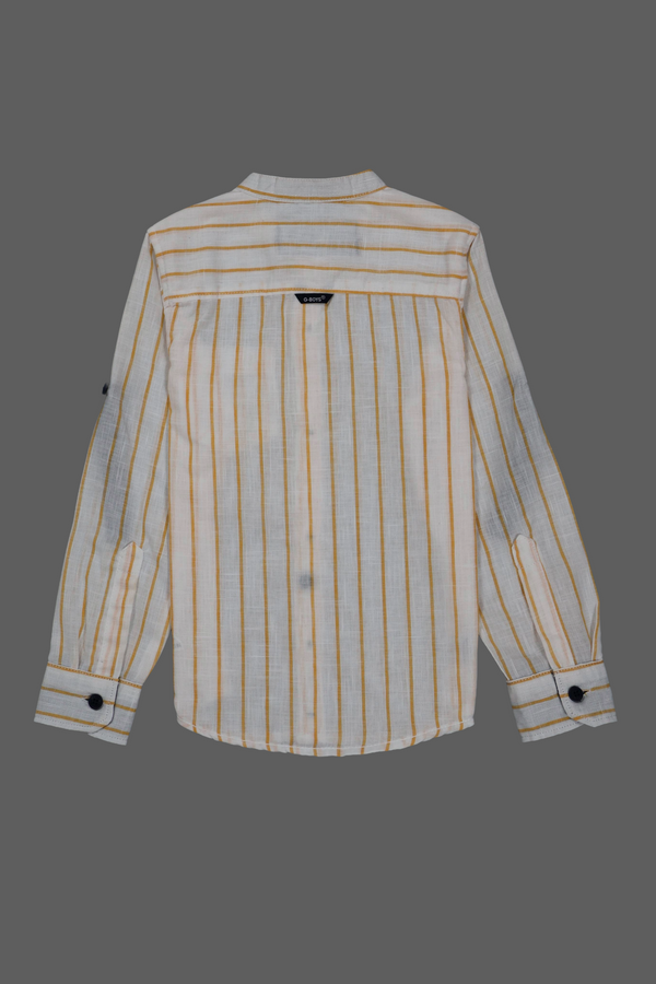 Fyst Premium Cotton Mandarin Collar Vertical Stripe Shirt for Boys - White & Mustard Yellow