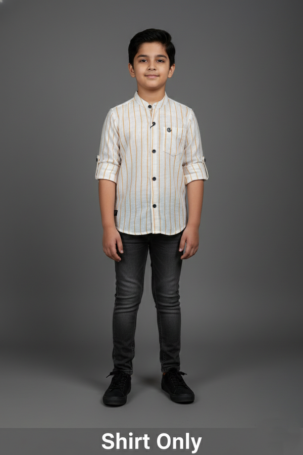 Fyst Premium Cotton Mandarin Collar Vertical Stripe Shirt for Boys - White & Mustard Yellow