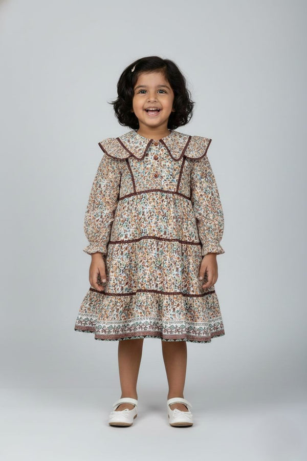 Fyst Premium Cotton Meadow Print Tiered Frock for Girls – Sand & Cocoa