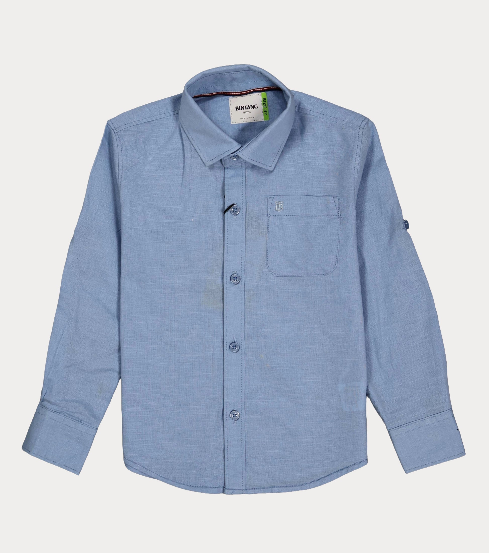 "A detailed multi-view product gallery of the Fyst boys' sky blue casual button-down shirt. The primary high-resolution image features the soft-toned premium cotton shirt in a front-facing view, showcasing the neat classic spread collar, single chest pocket with tonal stitching, and matching sky blue buttons. Accompanying thumbnails provide a complete overview, displaying the clean-lined back yoke and the functional buttoned roll-up tabs on the sleeves, which allow for an easy transition from a formal long-
