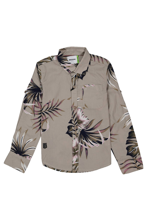Fyst Premium Cotton Tropical Leaf Smart Casual Shirt for Boys – Stone Grey