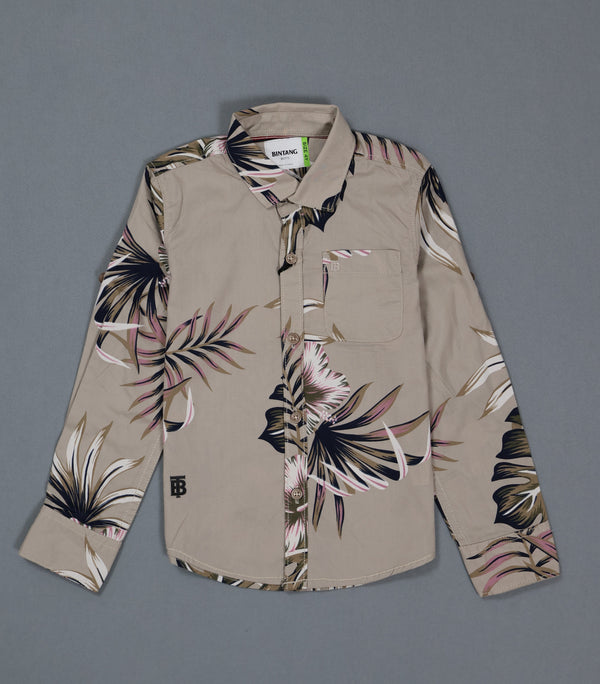 Fyst Premium Cotton Tropical Leaf Smart Casual Shirt for Boys – Stone Grey