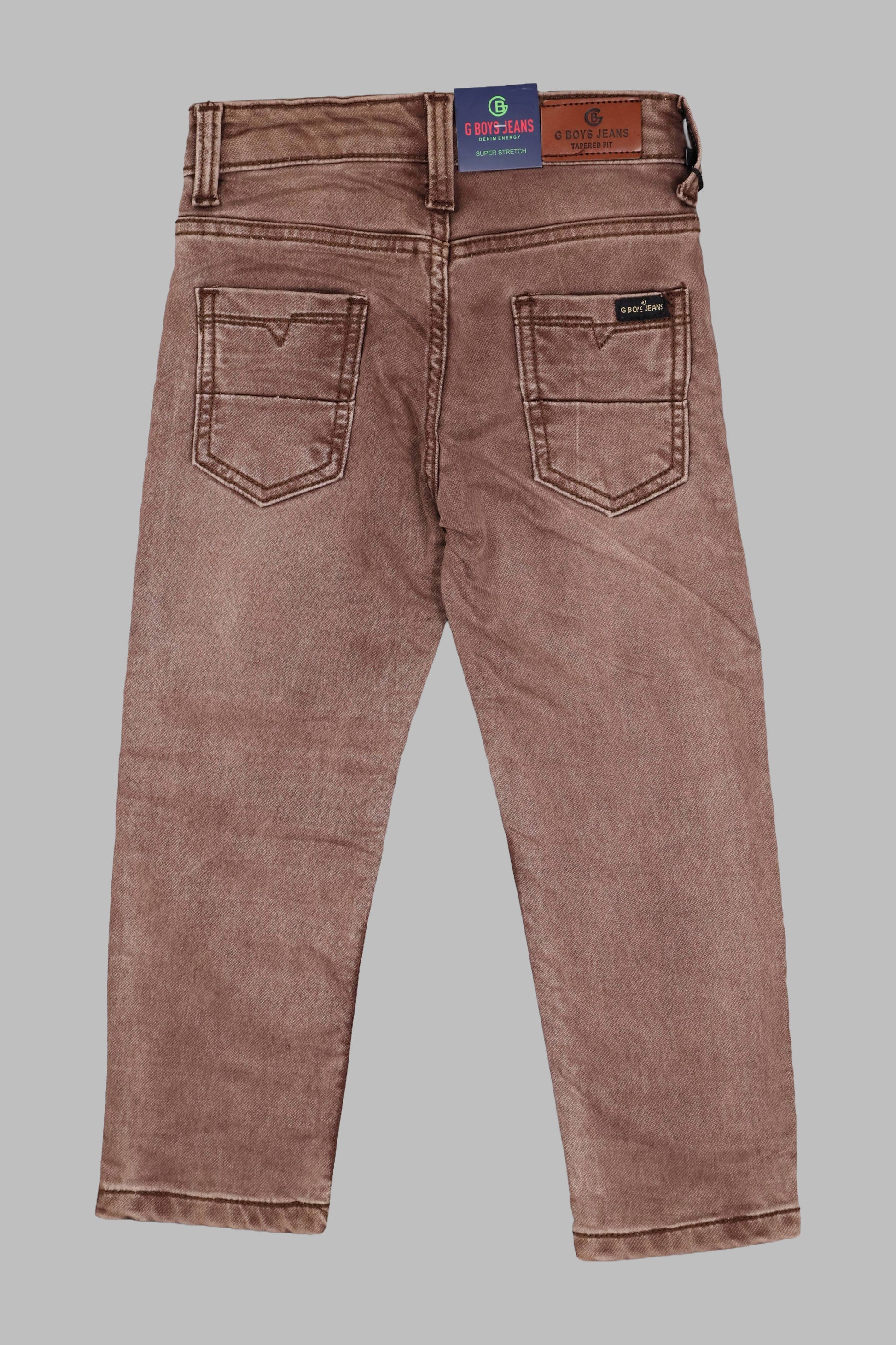Brown jeans with a visible brand label on a gray background