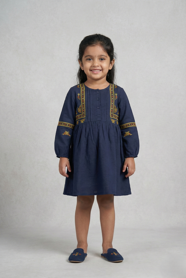 Fyst Premium Embroidered Cotton Dobby Frock for Girls – Royal Navy