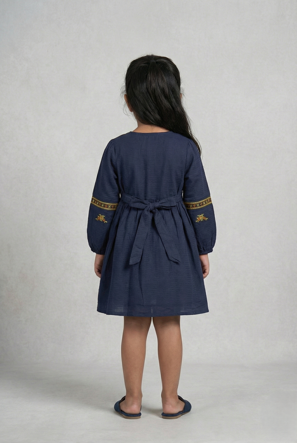 Fyst Premium Embroidered Cotton Dobby Frock for Girls – Royal Navy