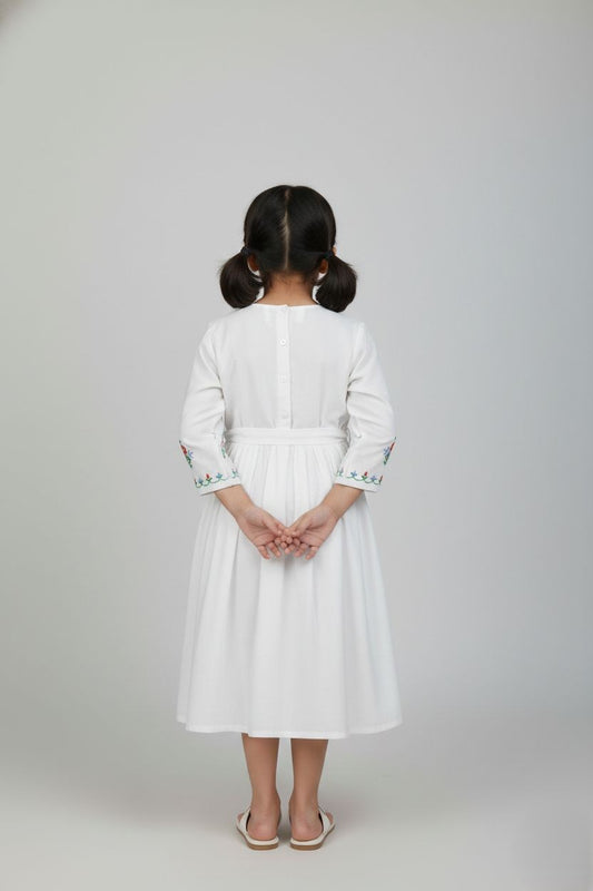 Fyst Premium Embroidered Cotton Smart Casual Frock for Girls – Ivory White