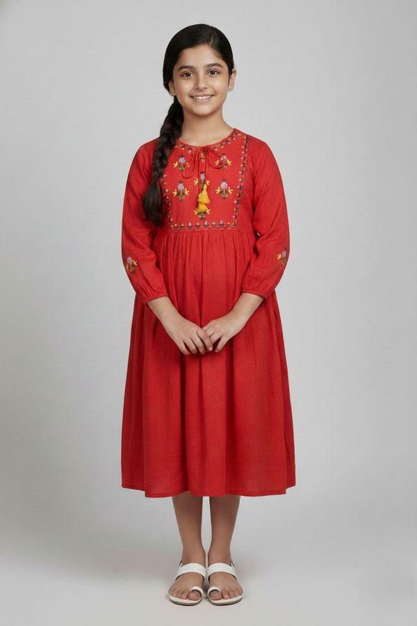 Fyst Premium Floral Embroidered Cotton Smart Casual Frock for Girls – Crimson Red