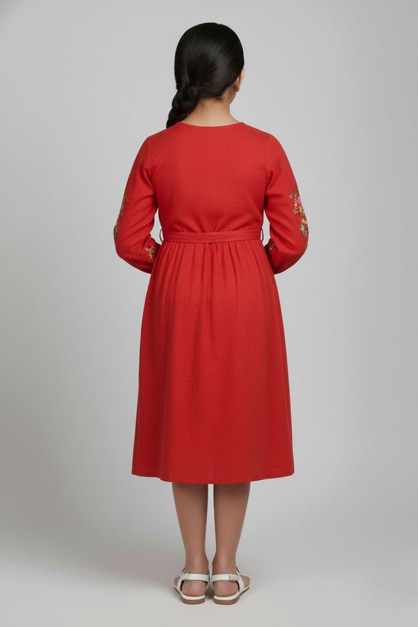 Fyst Premium Floral Embroidered Cotton Smart Casual Frock for Girls – Crimson Red