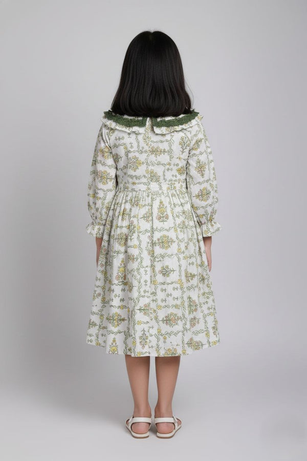 Fyst Premium Garden Trellis Cotton Frock with Crochet Lace for Girls – Sage Green