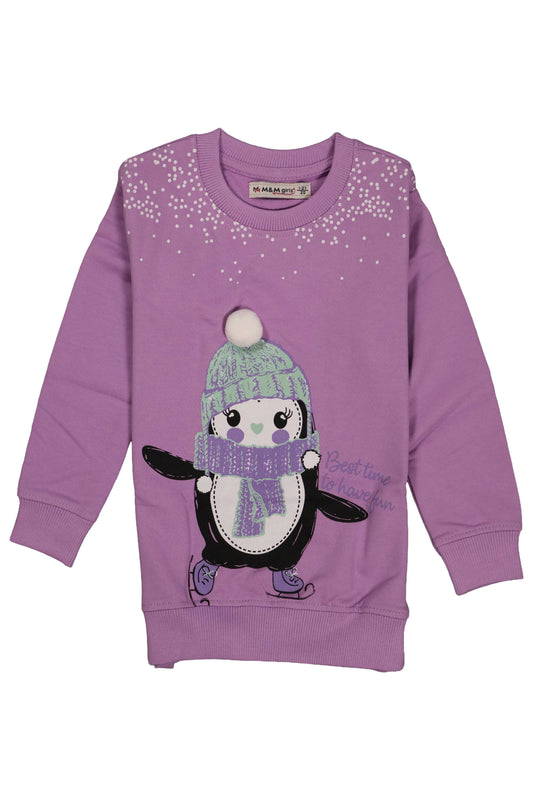 Purple sweater with a penguin design on a white background