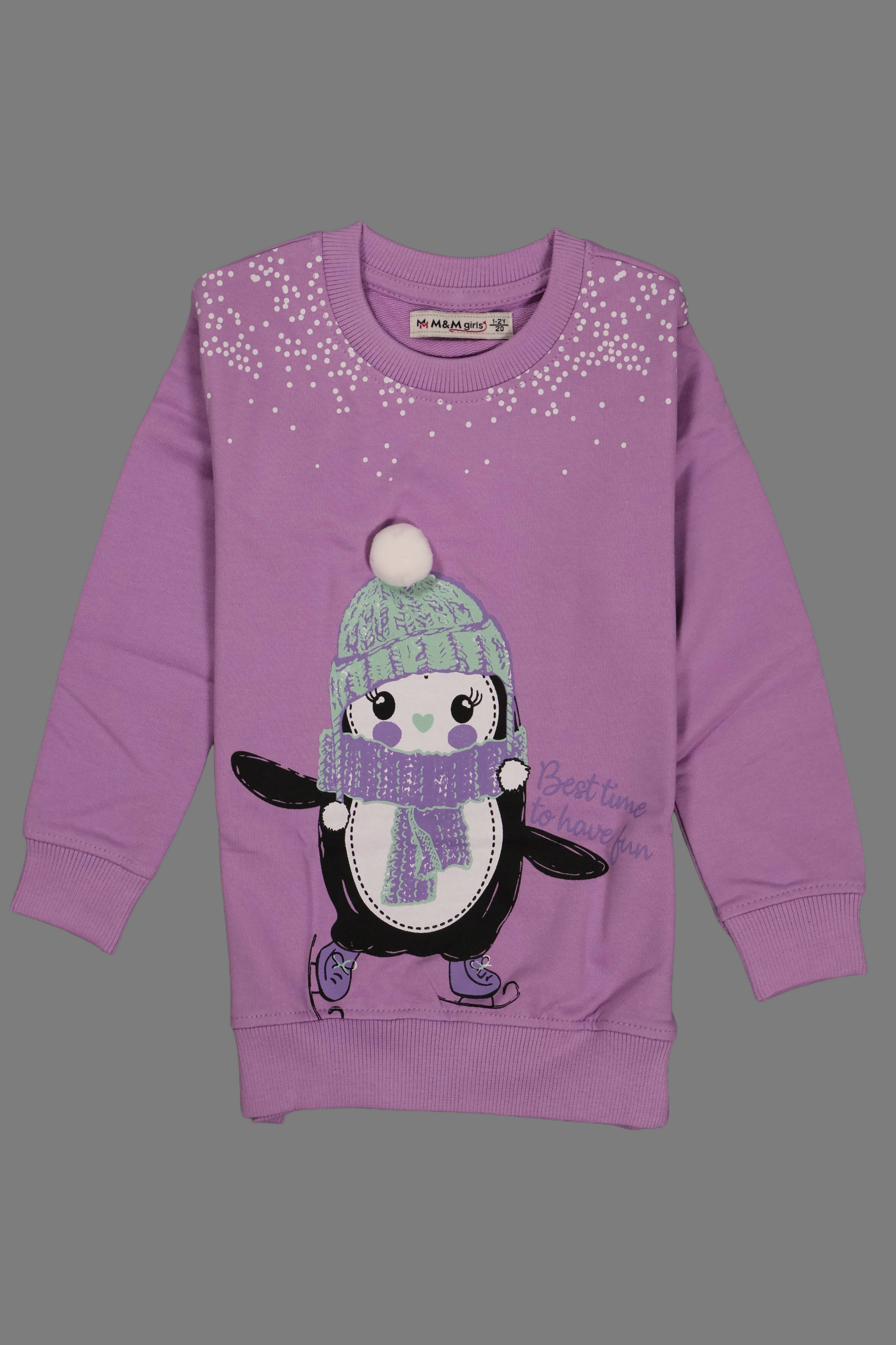 Purple sweater with a penguin design on a gray background