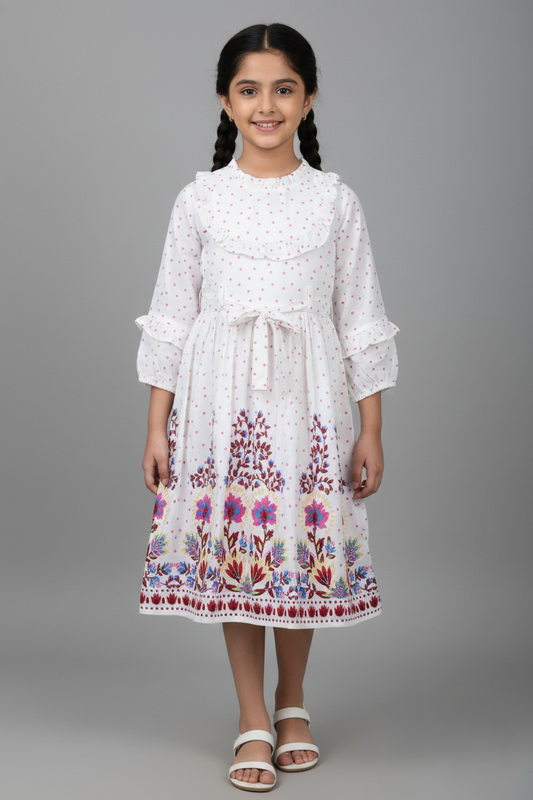 The dress features small pink polka dots throughout, with a large, colorful floral border print in pink, purple, and blue at the hem. It has a ruffled high neck, a ruffled yoke on the chest, 3/4 sleeves with ruffle accents, and a matching tie-belt at the waist."