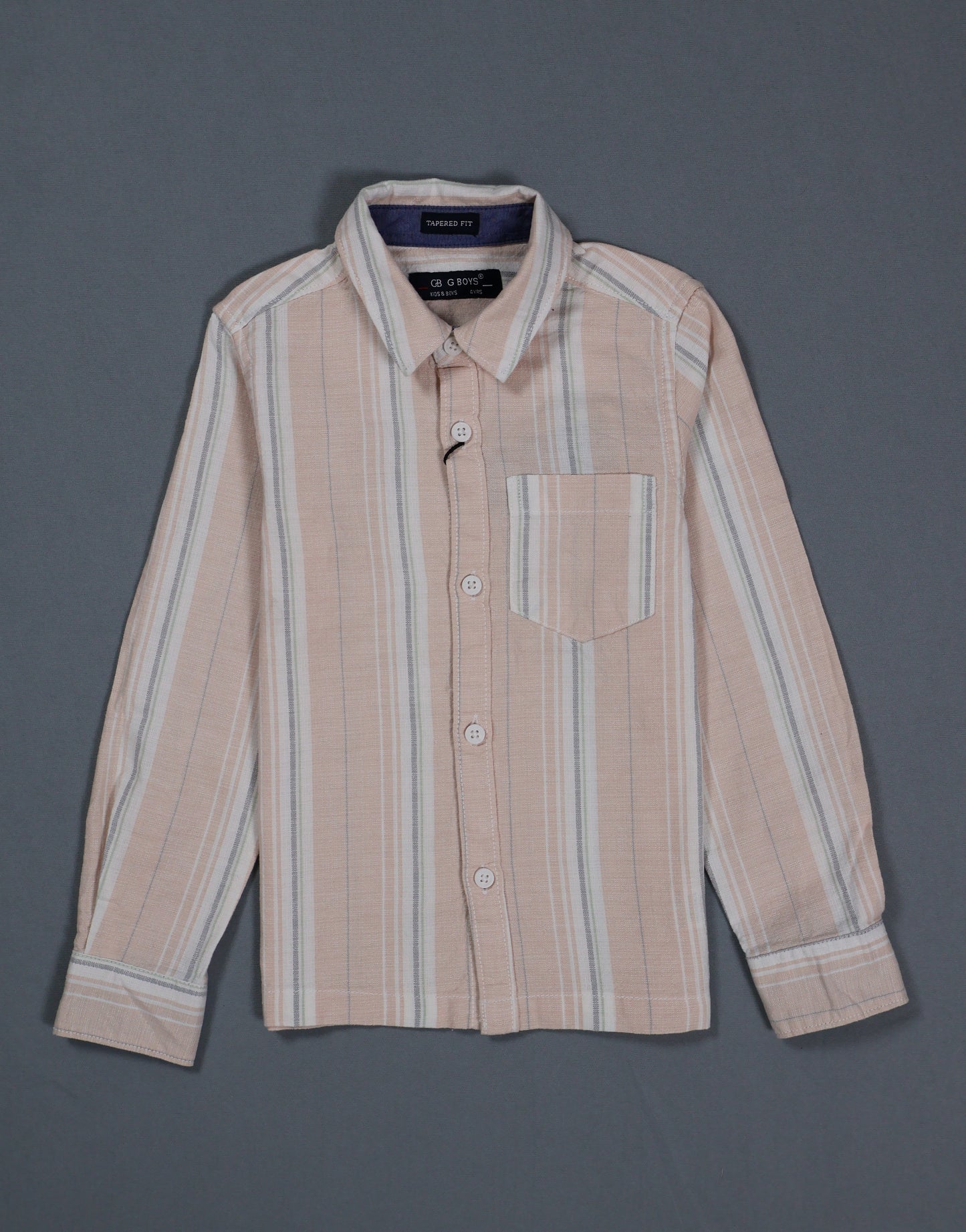 Striped shirt with a brand label on a gray background