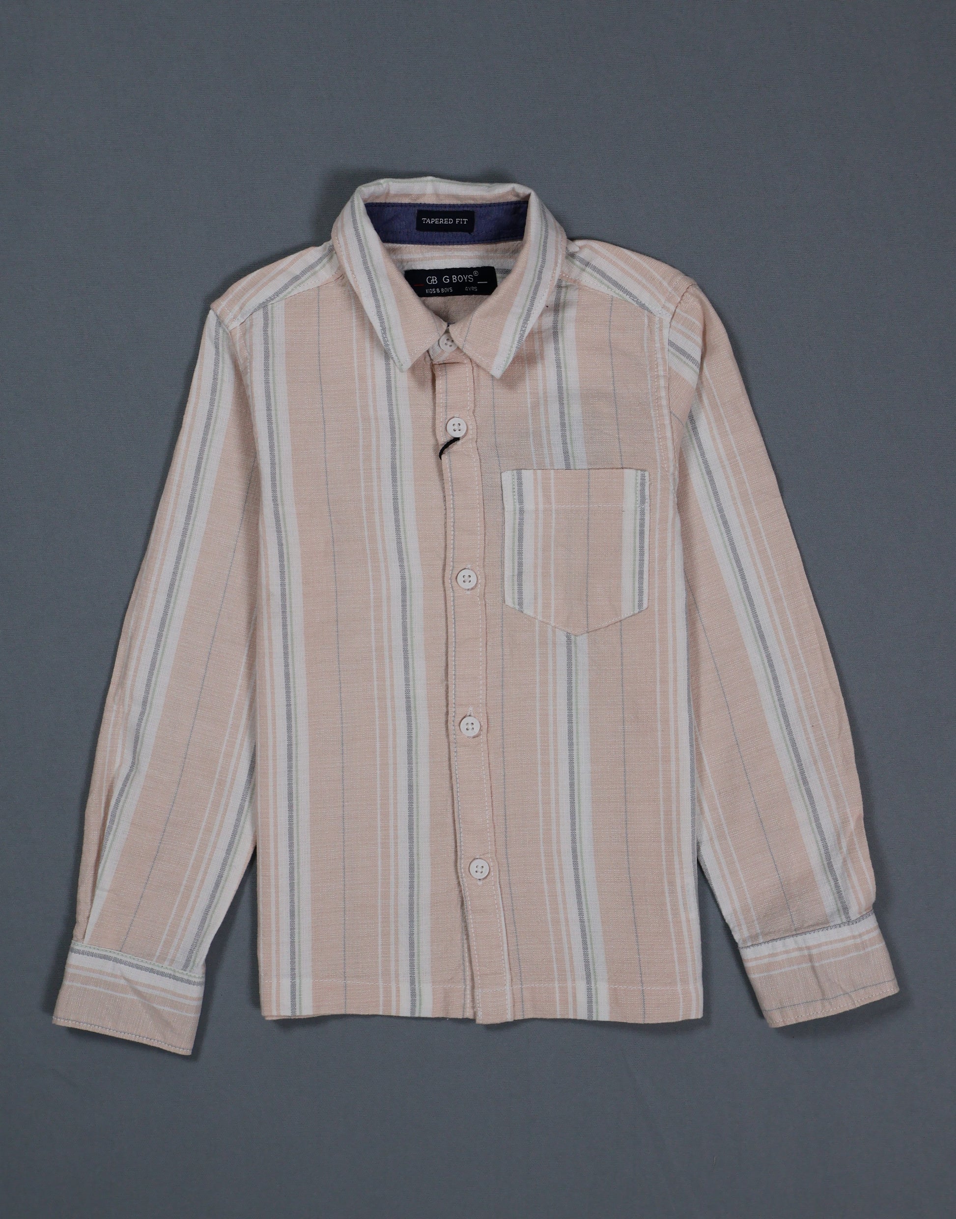 Striped shirt with a brand label on a gray background