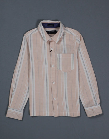 Striped shirt with a brand label on a gray background