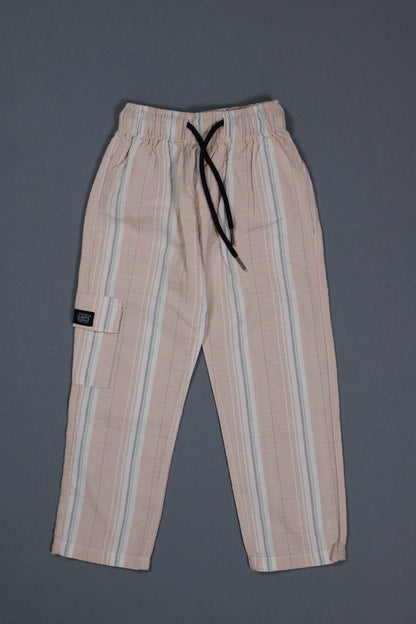 Striped pants with a drawstring on a gray background