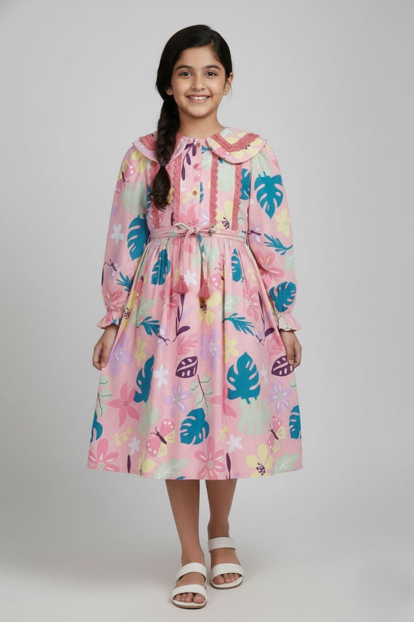 Fyst Premium Tropical Bloom Cotton Frock for Girls – Blush Pink