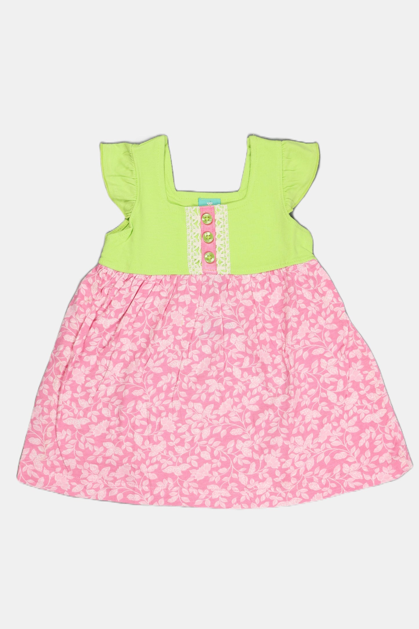 Fyst Baby Girl Cotton Knit Multi-Color Graphic Print Dress with Green Flutter Sleeve Bodice.