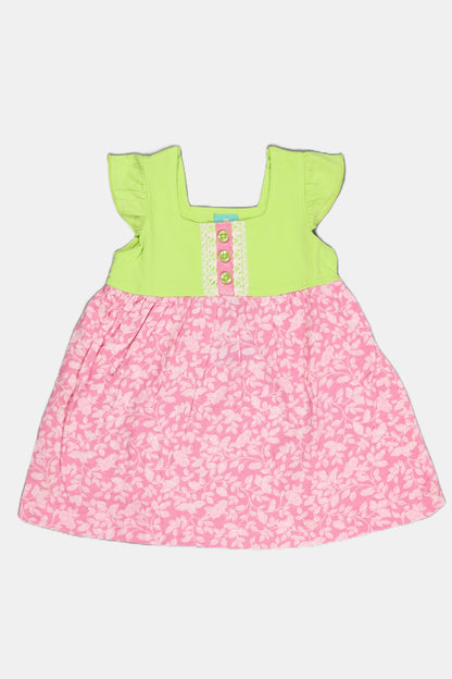 Fyst Baby Girl Cotton Knit Multi-Color Graphic Print Dress with Green Flutter Sleeve Bodice.
