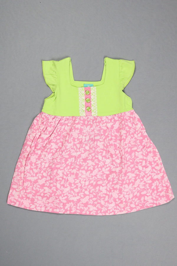 Fyst Single Jercy Floral Print Summer Frock for Girls - Green & Pink