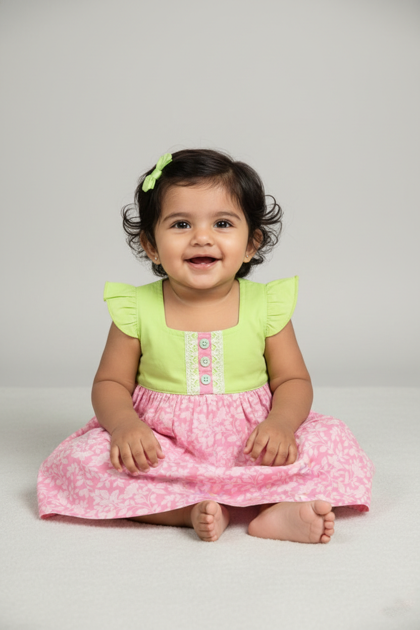 Fyst Single Jercy Floral Print Summer Frock for Girls - Green & Pink - Fyst Fashion