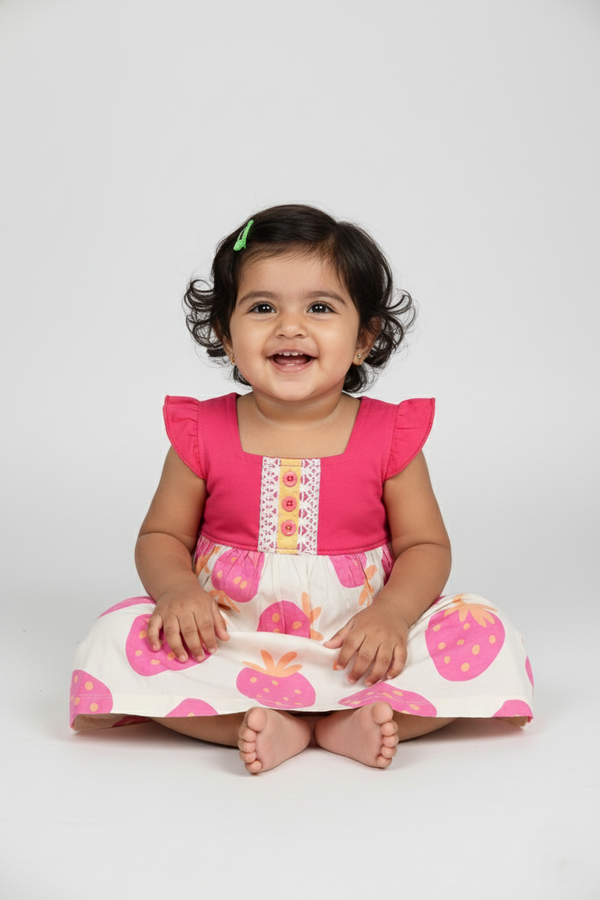 Fyst Single Jercy Floral Print Summer Frock for Girls - Pink