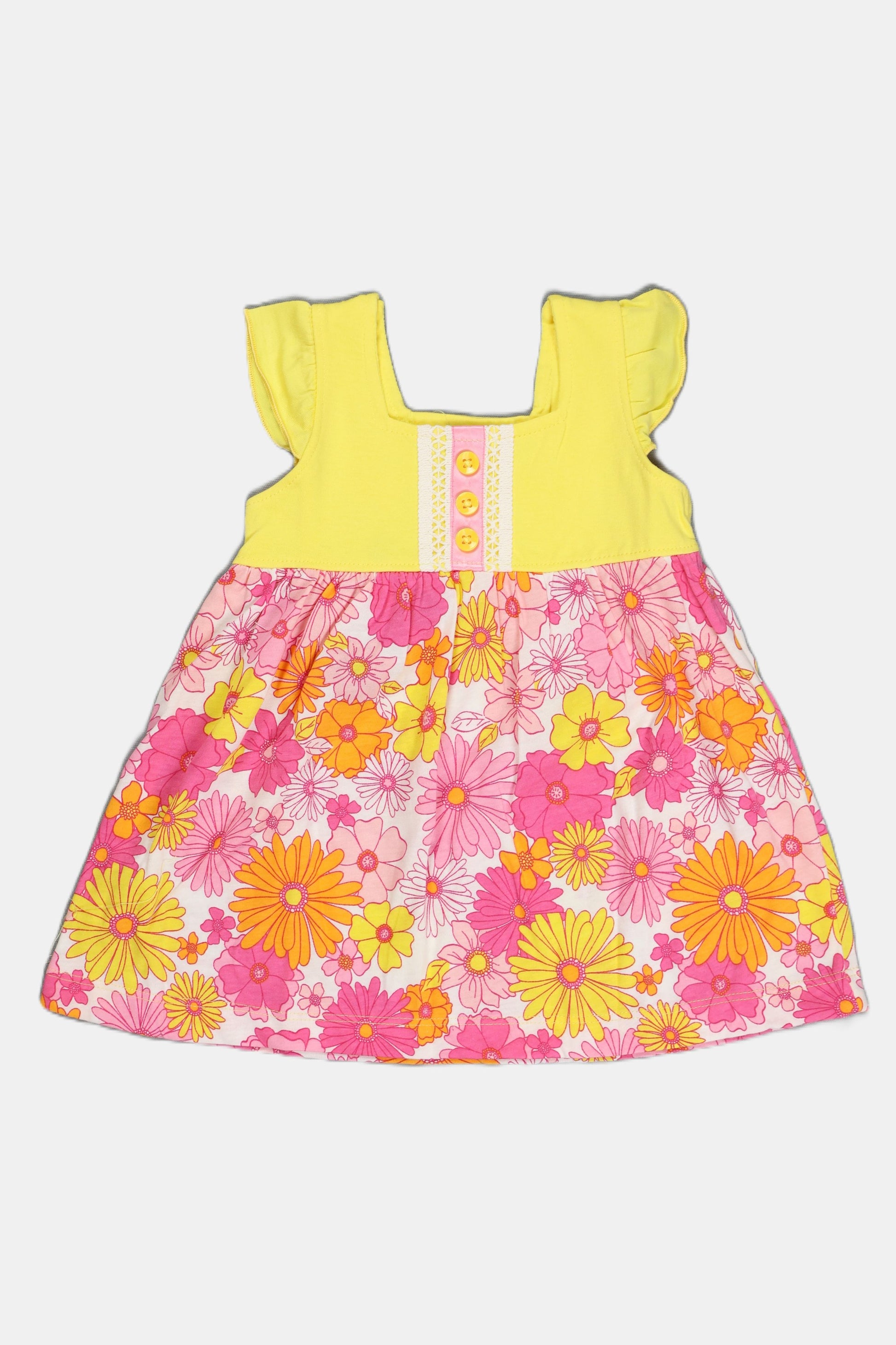 Fyst baby girl dress featuring a Yellow Pink flutter-sleeve knit top with button details and a multi-color checkered skirt with sun, shell, and floral prints.